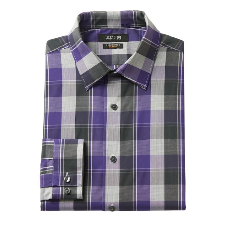 Men's Apt. 9&reg; Slim-fit Premier Flex Collar Plaid Stretch Dress Shirt, Size: 14.5-32/33, Purple