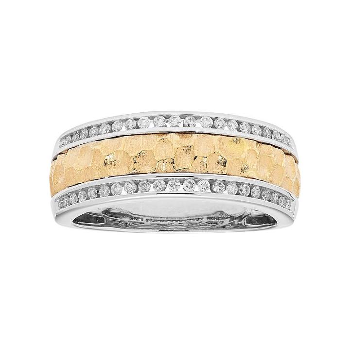 Men's Two Tone 14k Gold 1/3 Carat T.w. Diamond Hammered Wedding Band, Size: 11.50, Yellow