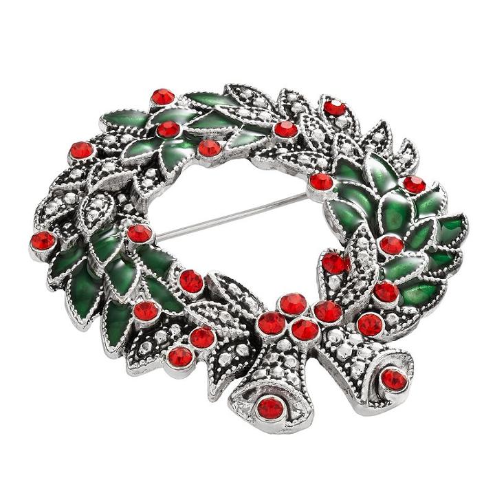 Silver Tone Simulated Crystal Christmas Wreath Pin, Women's, Multicolor