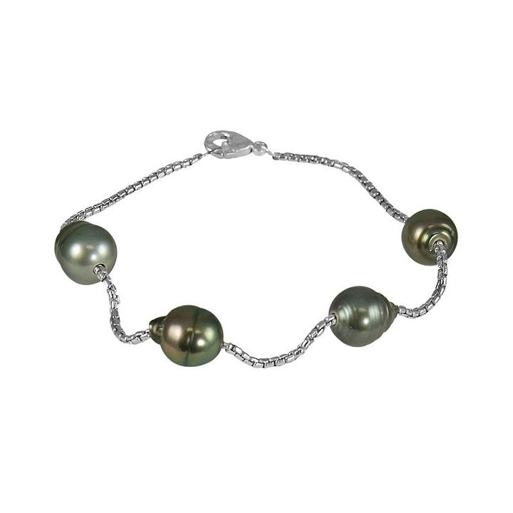 Sterling Silver Tahitian Black Cultured Pearl Station Bracelet, Women's