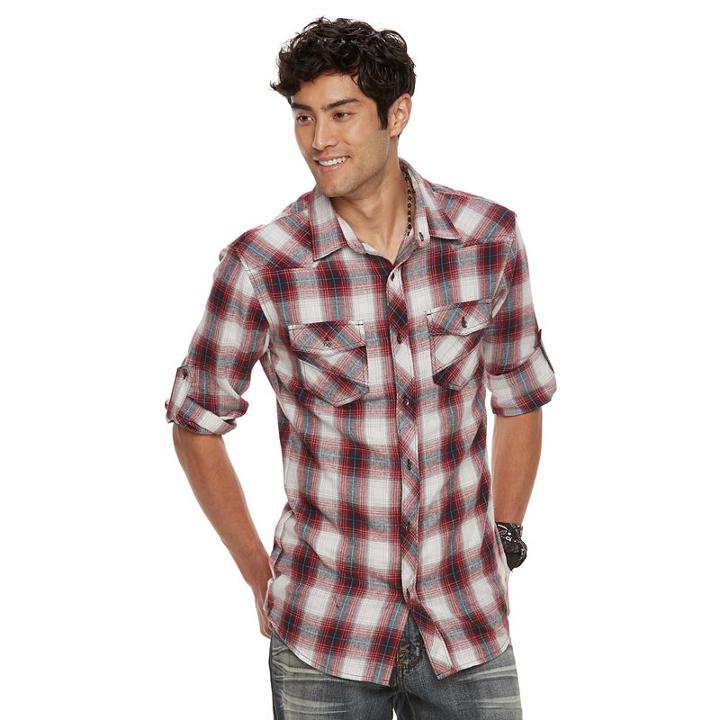Men's Rock & Republic Roll-sleeve Plaid Flannel Button-down Shirt, Size: Small, Dark Red