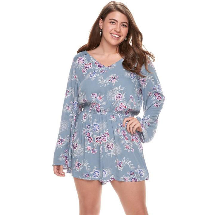 Juniors' Plus Size Mudd&reg; Lace Inset Bell Sleeve Romper, Teens, Size: 3xl, Med Blue