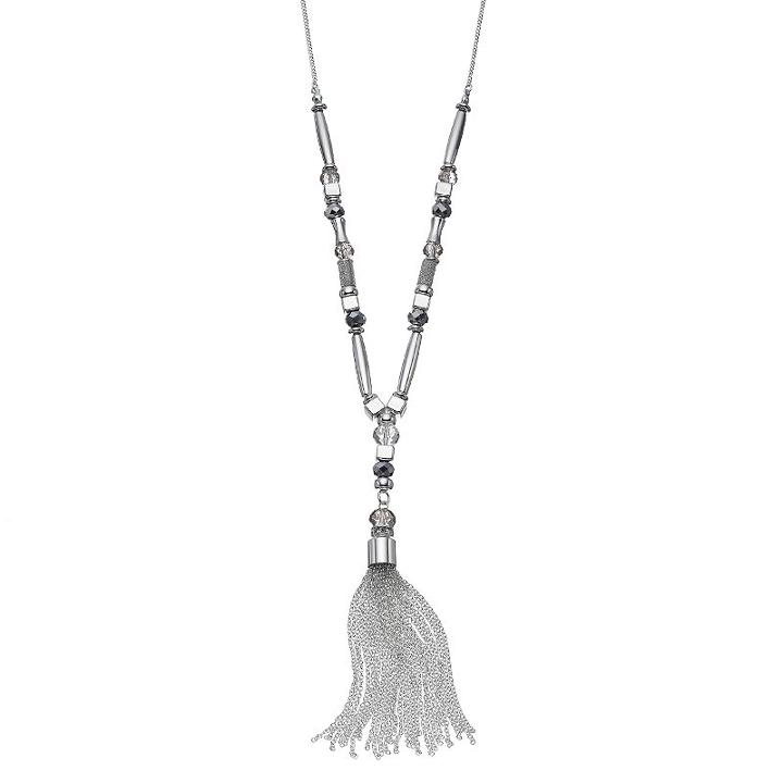 Long Beaded Chain Tassel Y Necklace, Women's, Silver