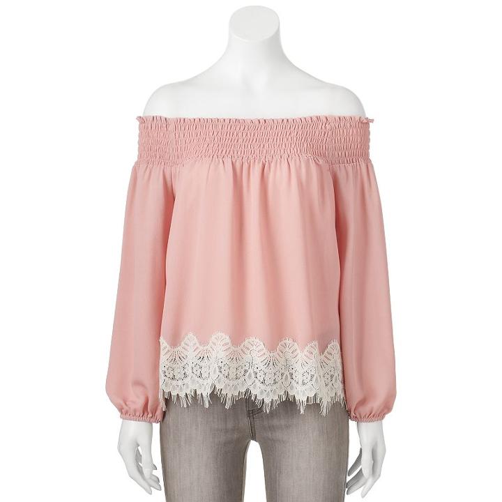 Juniors' About A Girl Lace Hem Off-the-shoulder Top, Size: Xl, Pink Other