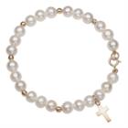 Kids' Freshwater Cultured Pearl, 14k Gold Bead & Cross Charm Stretch Bracelet, Women's, White