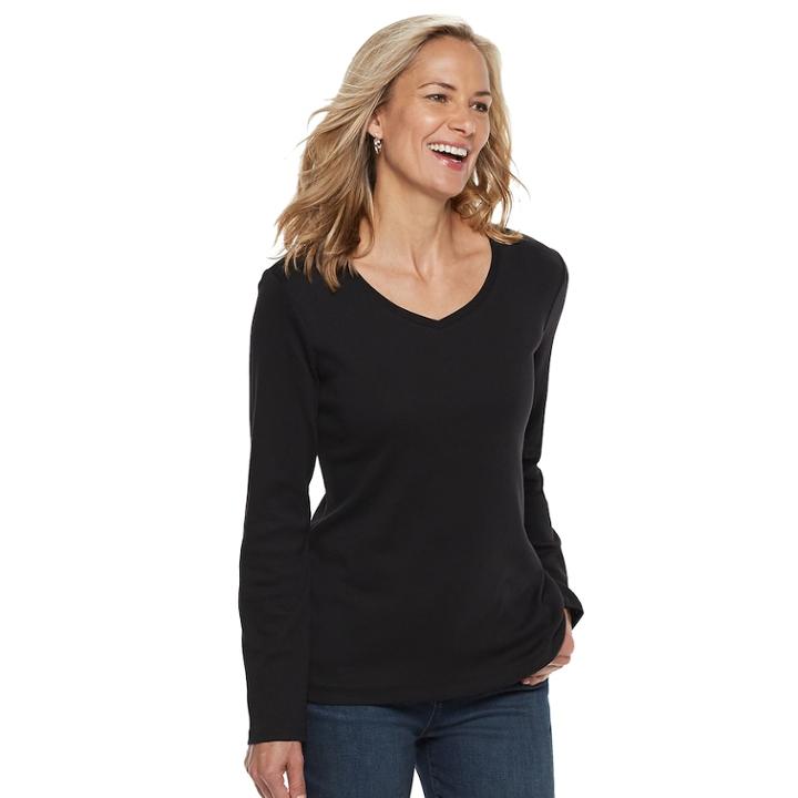 Petite Croft & Barrow&reg; Essential V-neck Top, Women's, Size: M Petite, Black