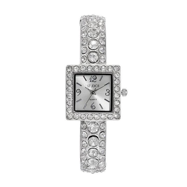 Studio Time Women's Simulated Crystal Cuff Watch, Silver
