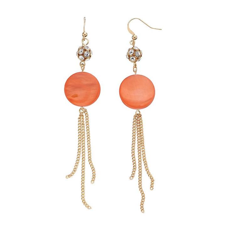 Peach Composite Shell Disc & Chain Fringe Nickel Free Drop Earrings, Women's, Pink Other