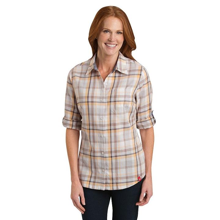 Women's Dickies Plaid Twill Roll-tab Shirt, Size: Small, Grey