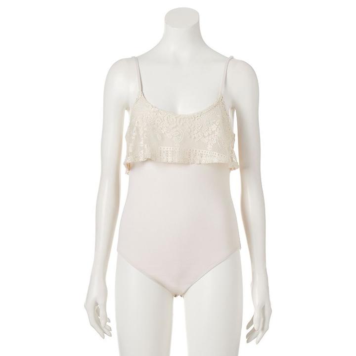 Juniors' About A Girl Floral Ruffle Bodysuit, Size: Medium, Lt Beige