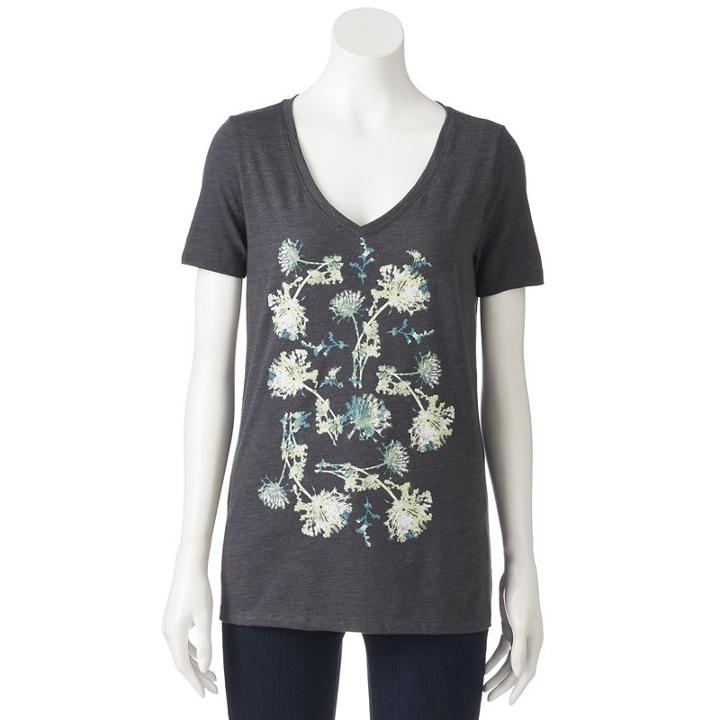 Women's Graphic V-neck Tee, Size: Medium, Grey (charcoal)