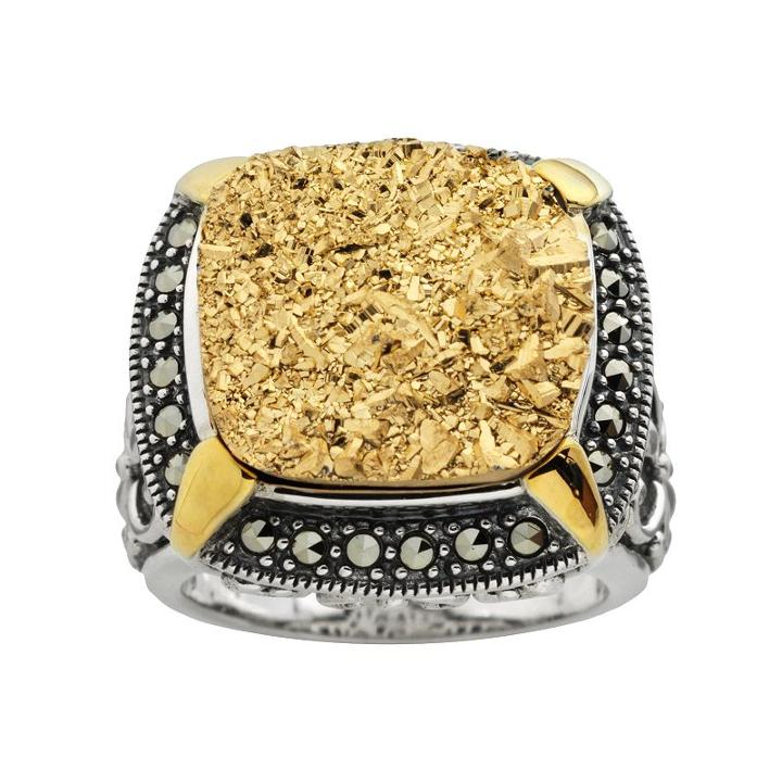 Lavish By Tjm Sterling Silver And Gold Tone Drusy Frame Ring - Made With Swarovski Marcasite, Women's, Size: 6, Yellow
