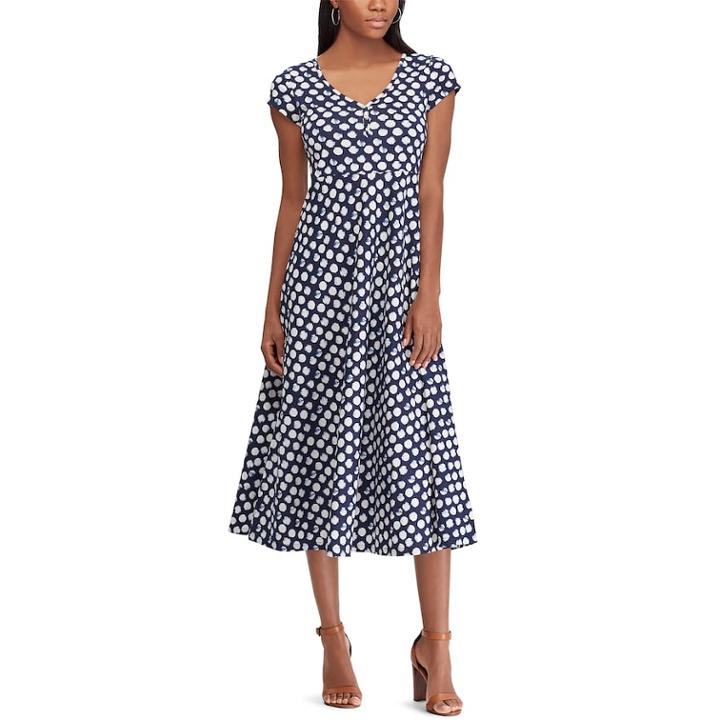 Petite Chaps Print Short Sleeve Jersey Dress, Women's, Size: M Petite, Blue (navy)