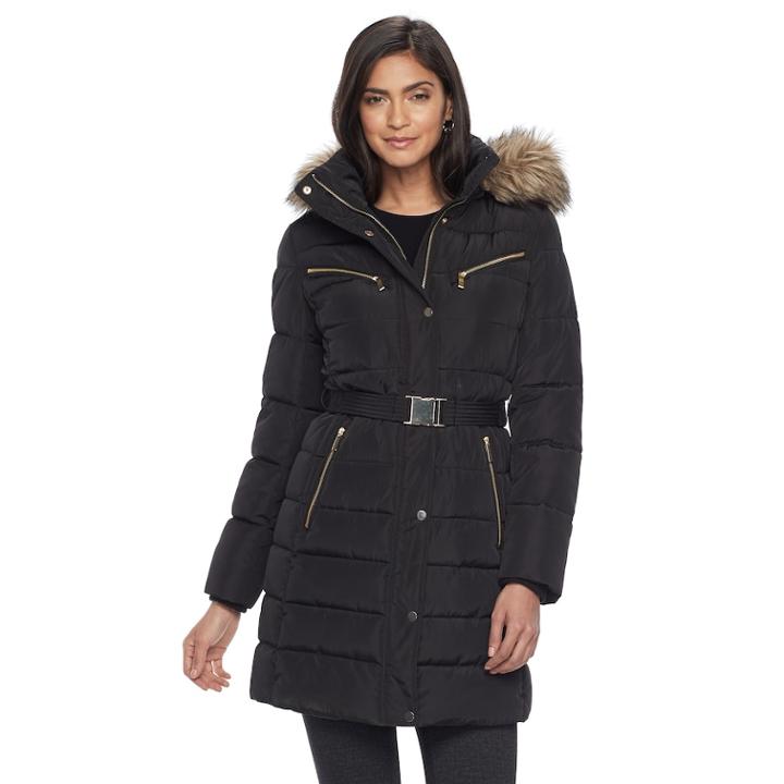 Women's Apt. 9&reg; Hooded Faux-fur Trim Puffer Jacket, Size: Medium, Black