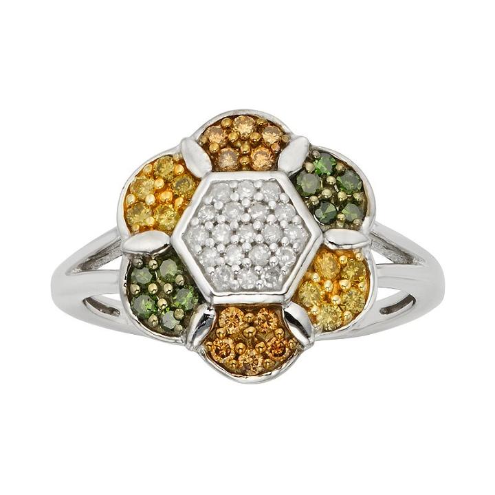 Sterling Silver 1/2-ct. T.w. Green, Yellow, Champagne And White Diamond Flower Ring, Women's, Size: 8, Multicolor