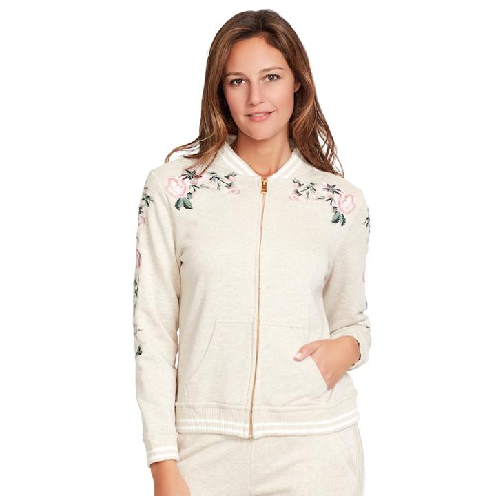 Women's Gloria Vanderbilt Embroidered French Terry Bomber Jacket, Size: Xl, Lt Beige