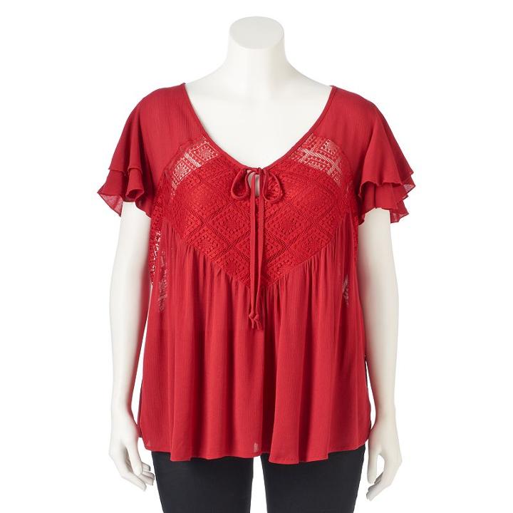 Juniors' Plus Size Iz Byer California Illusion Lace Flutter Top, Teens, Size: 3xl, Brt Red