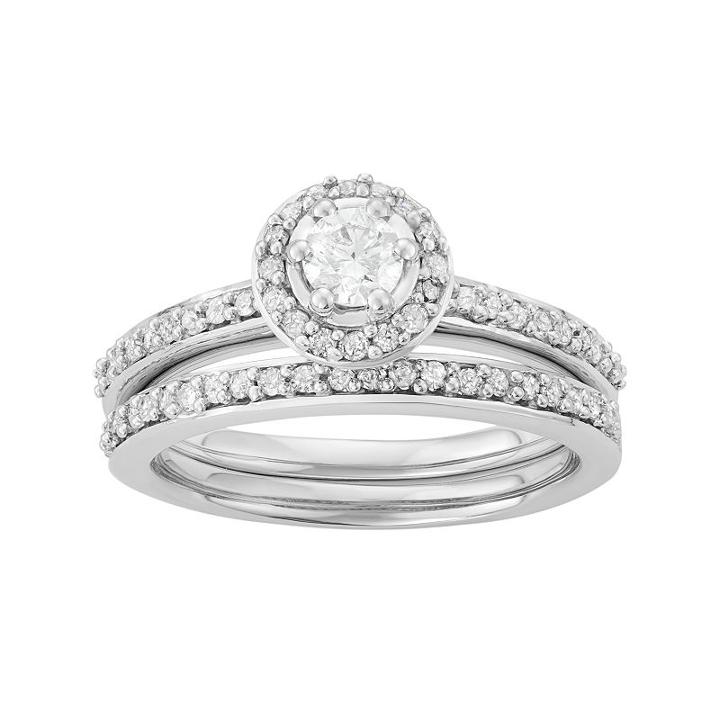 10k White Gold 1/2 Carat T.w. Diamond Halo Engagement Ring Set, Women's, Size: 9