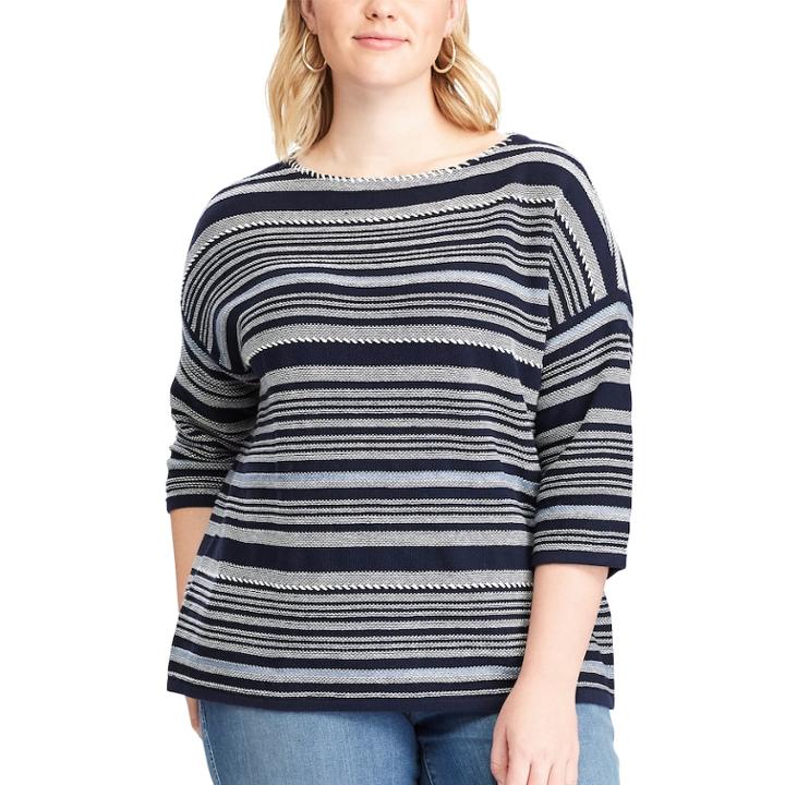 Plus Size Chaps Striped Crewneck Sweater, Women's, Size: 1xl, Blue (navy)