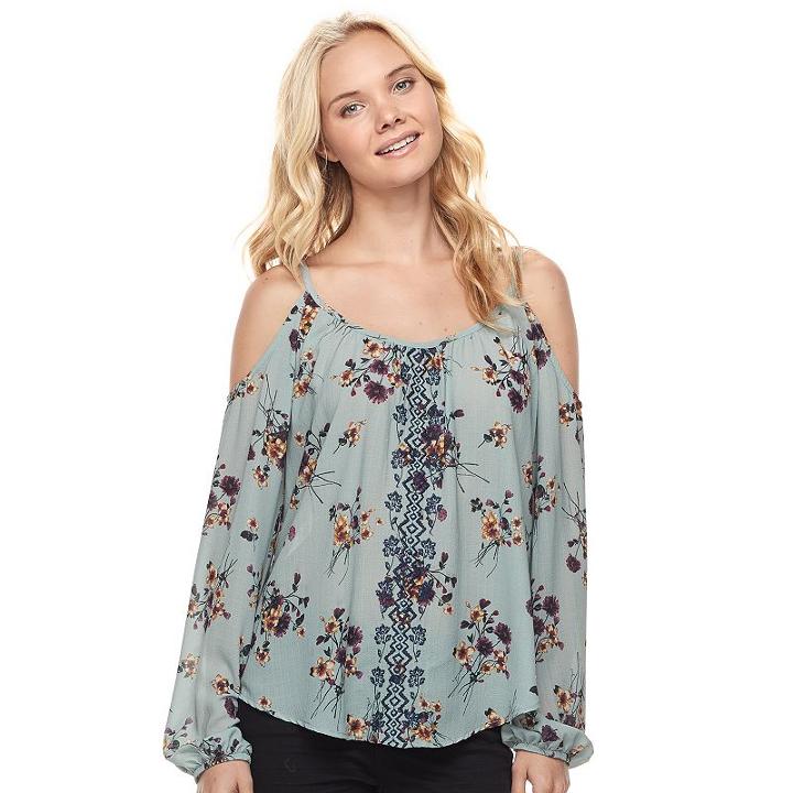 Juniors' Rewind Embroidered Cold Shoulder Top, Teens, Size: Medium, Green Oth