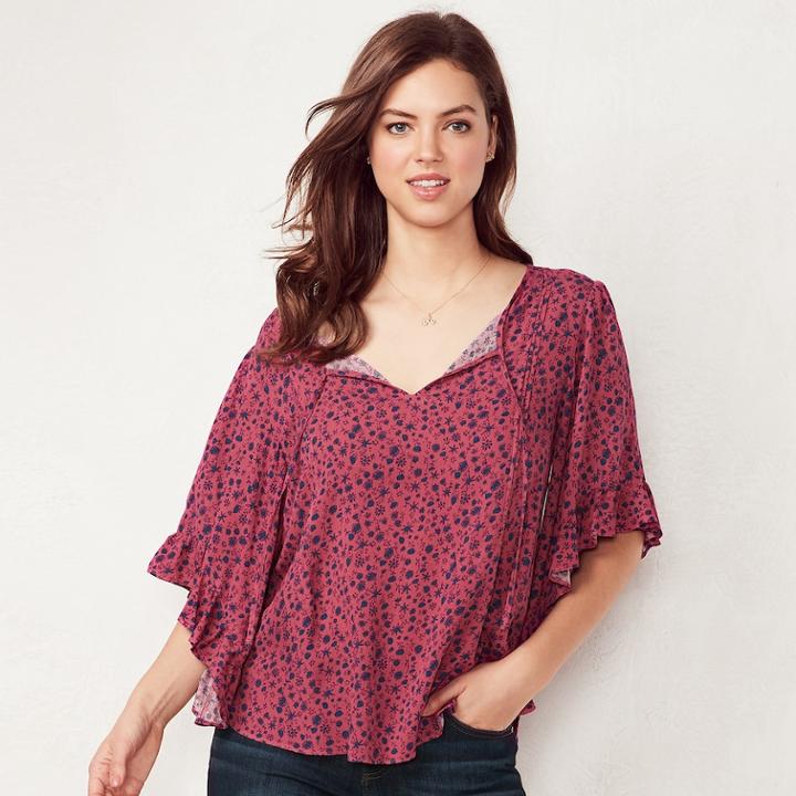 Women's Lc Lauren Conrad Print Flounce Sleeve Top, Size: Xs, Pink