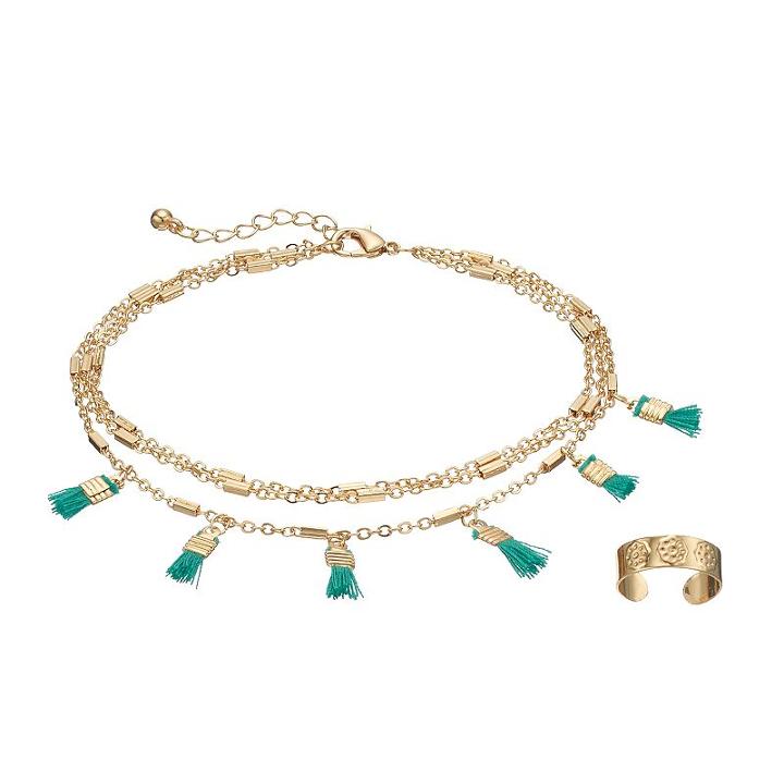 Mudd&reg; Aqua Tassel Multi Strand Anklet & Toe Ring Set, Women's, Turq/aqua