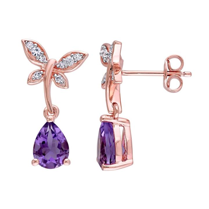 Stella Grace Laura Ashley Pink Sterling Silver Amethyst & White Sapphire Dragonfly Drop Earrings, Women's, Purple