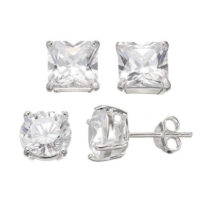 Sterling Silver Cubic Zirconia Stud Earring Set, Women's, White