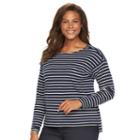 Plus Size Chaps Striped Zipper Shoulder Tee, Women's, Size: 2xl, Blue (navy)