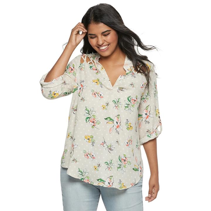Juniors' Plus Size Liberty Love Floral Lattice Popover Top, Teens, Size: 2xl, Grey