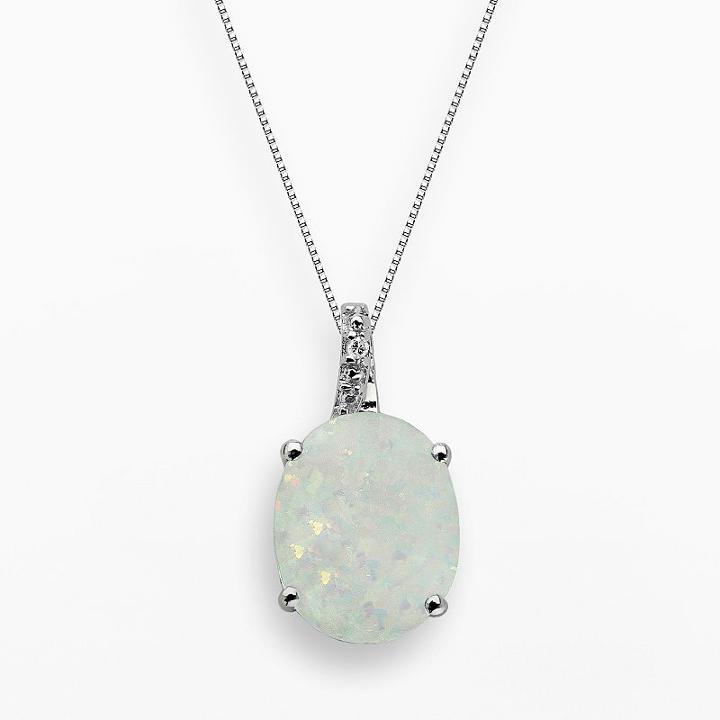 Sterling Silver Lab-created Opal And Diamond Accent Oval Pendant, Women's, Size: 18, White