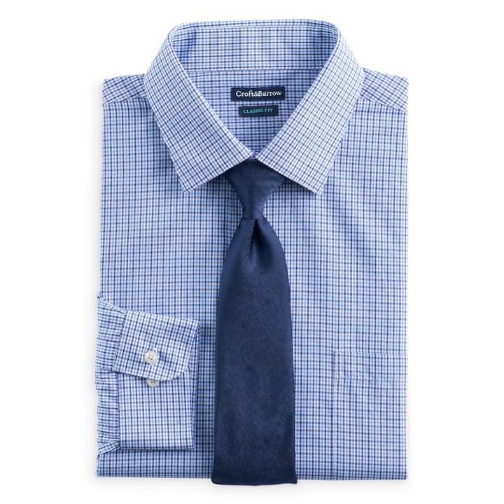 Big & Tall Croft & Barrow&reg; Classic-fit Stretch-collar Dress Shirt And Patterned Tie Boxed Set, Men's, Size: 19 36/7t, Blue (navy)