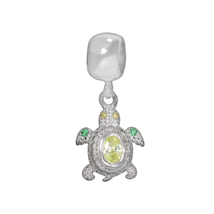 Individuality Beads Sterling Silver Light Green Cubic Zirconia And Crystal Turtle Charm, Women's, White