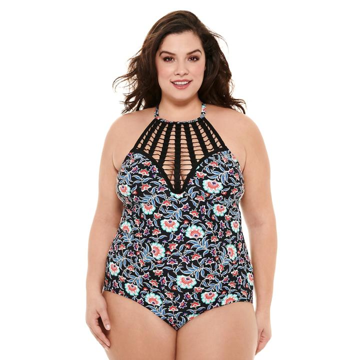 Plus Size Costa Del Sol Cage Front One-piece Swimsuit, Women's, Size: 3xl, Black