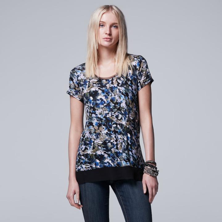 Petite Simply Vera Vera Wang Printed Chiffon-trim Tee, Women's, Size: Xl Petite, Blue (navy)