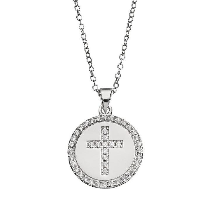 Qnotes Cubic Zirconia Sterling Silver Cross Disc Pendant Necklace, Women's, Size: 18, White