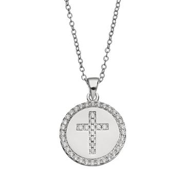 Qnotes Cubic Zirconia Sterling Silver Cross Disc Pendant Necklace, Women's, Size: 18, White