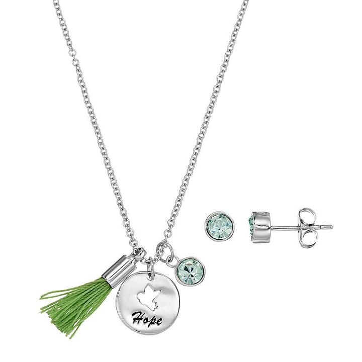 Silver Plated Hope Tassel Charm Pendant & Crystal Stud Earring Set, Women's, Size: 18, Green