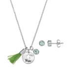 Silver Plated Hope Tassel Charm Pendant & Crystal Stud Earring Set, Women's, Size: 18, Green