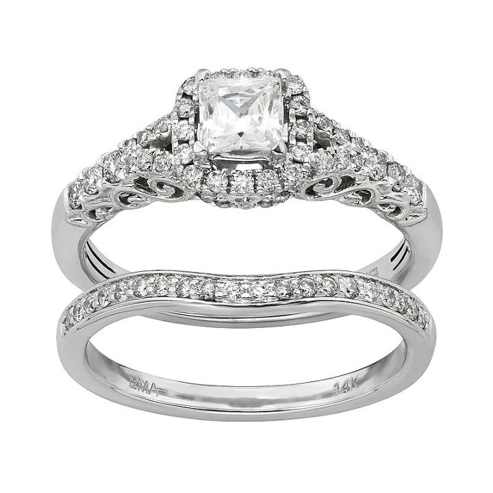Igl Certified Diamond Square Halo Engagement Ring Set In 14k White Gold (1 Carat T.w.), Women's, Size: 7.50