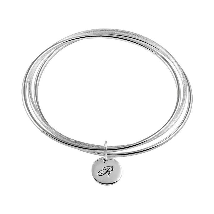 Silver-plated Initial Charm Bangle Bracelet, Women's, Size: 7, Grey