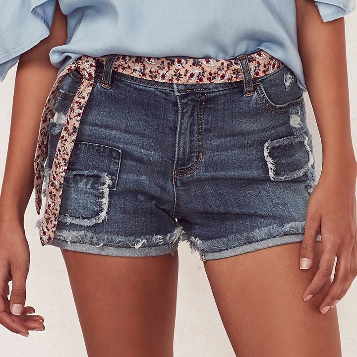 Women's Lc Lauren Conrad Ripped Patch Jean Shorts, Size: 6, Blue Other