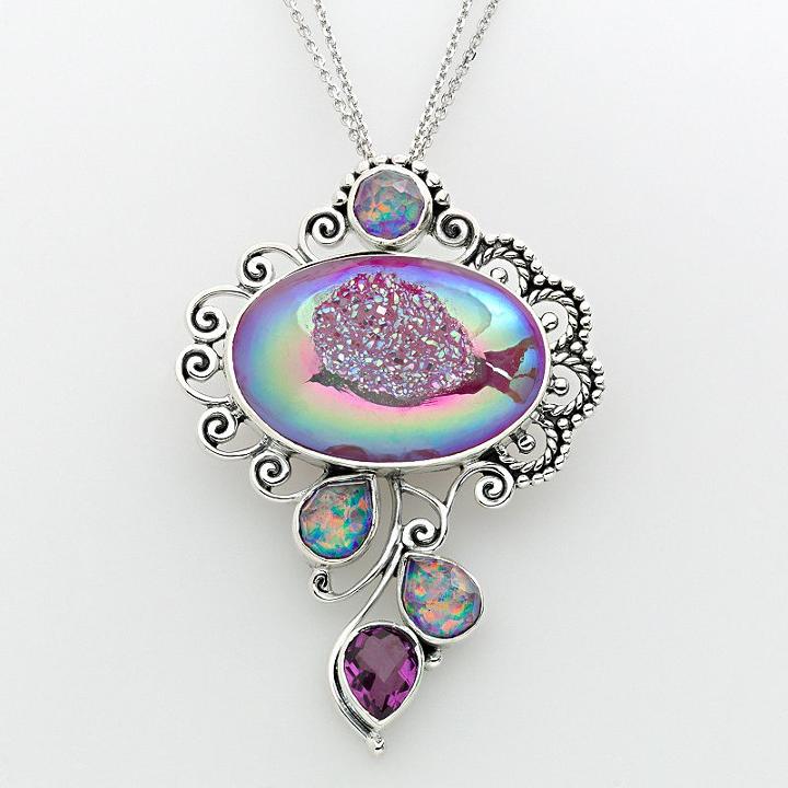 Sterling Silver Drusy, Quartz And Lab-created Opal Pendant, Women's, Pink