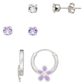 Charming Girl Kids' Crystal Stud & Flower Hoop Earring Set, Purple