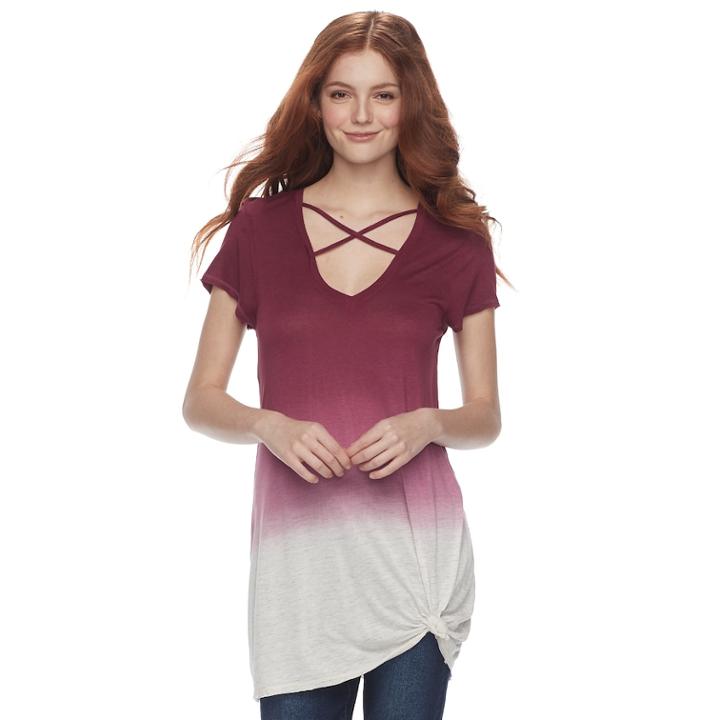 Juniors' Miss Chievous Cross Front Dip Dye Tee, Teens, Size: Small, Dark Red