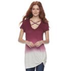 Juniors' Miss Chievous Cross Front Dip Dye Tee, Teens, Size: Small, Dark Red