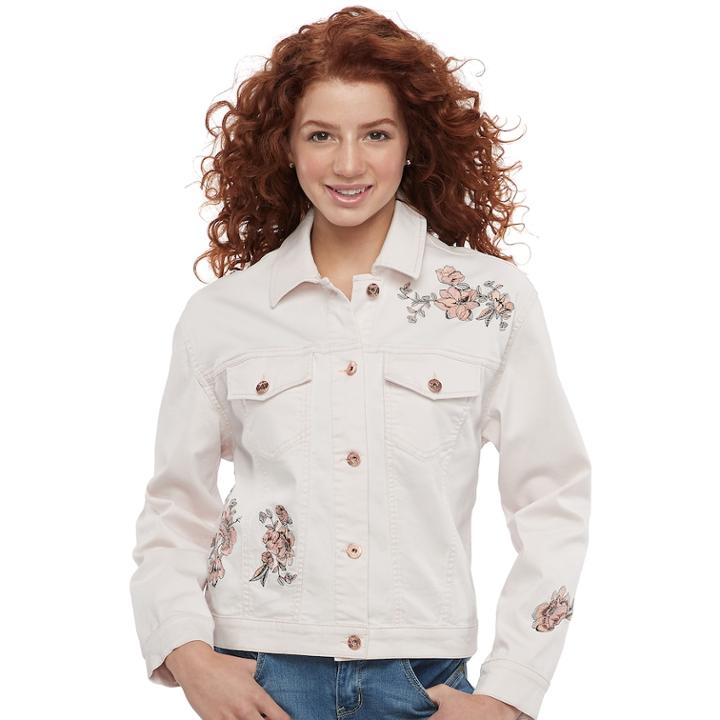 Juniors' Candie's&reg; Floral Embroidered Denim Trucker Jacket, Teens, Size: Small, Light Pink