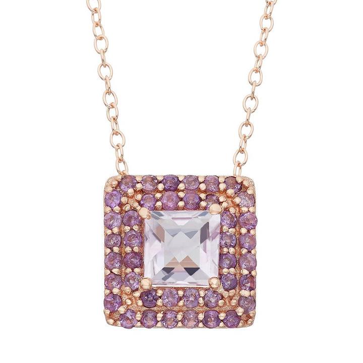 Rose De France And Amethyst 14k Rose Gold Over Silver Square Halo Pendant Necklace, Women's, Size: 18, Purple