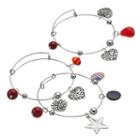 Antiqued Filigree Heart Charm Bangle Bracelet Set, Women's, Red