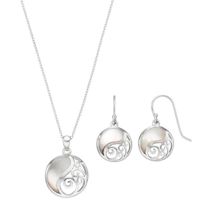 Sterling Silver Mother-of-pearl Filigree Disc Jewelry Set, Women's, White